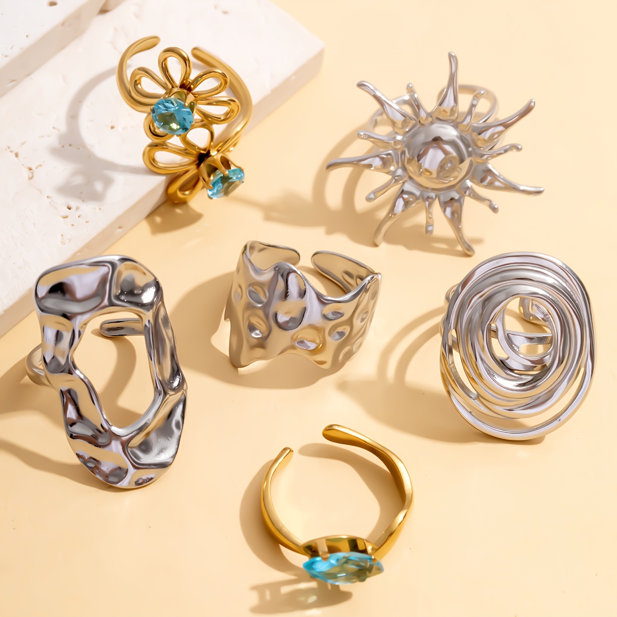 6pcs Bicolor Open Ring Set with Sunflower Design